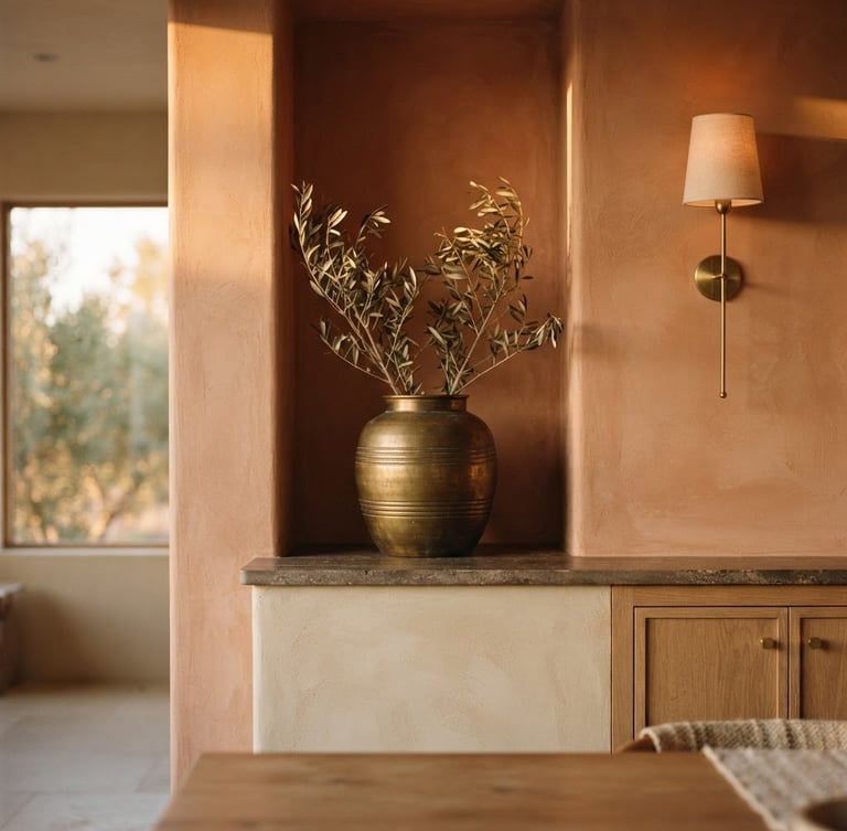 Architectural detail of a serene interior space with balanced natural light, warm terracotta and brass tones, shallow depth of field, soft golden-hour light.