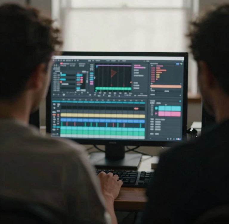 A quiet behind-the-scenes view of an editing suite, soft ambient light from a screen illuminating a color-grading panel, low-contrast shadows, cinematic 35mm format.