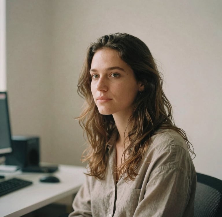 Minimalist natural-light portrait of Ronni Garrett in her editing suite, soft warm tones, quiet cinematic shadows, 35mm format.