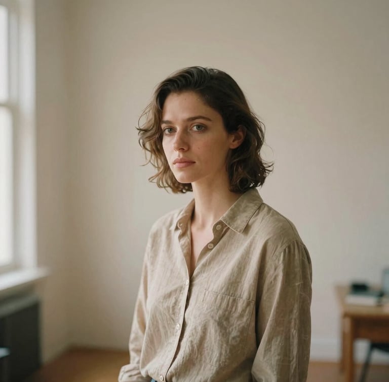 A natural-light portrait of a female editor in a minimalist studio, soft side-lighting, warm sand tones, cinematic film photography, 35mm format.