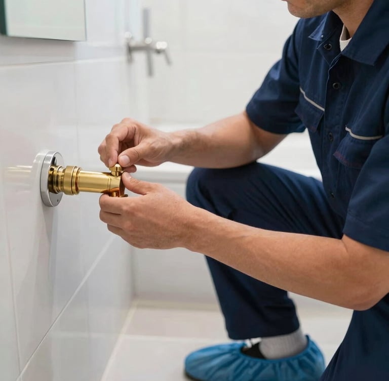 A close-up of a professional plumber wearing a clean navy blue uniform and protective shoe covers, adjusting a polished brass fixture in a bright, modern Dubai Marina bathroom.