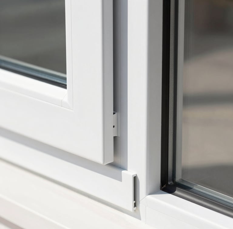 Architectural close-up of a UPVC window frame corner joint, sleek and modern, bright crisp daylight, clean white and charcoal tones, sharp focus, architectural lens