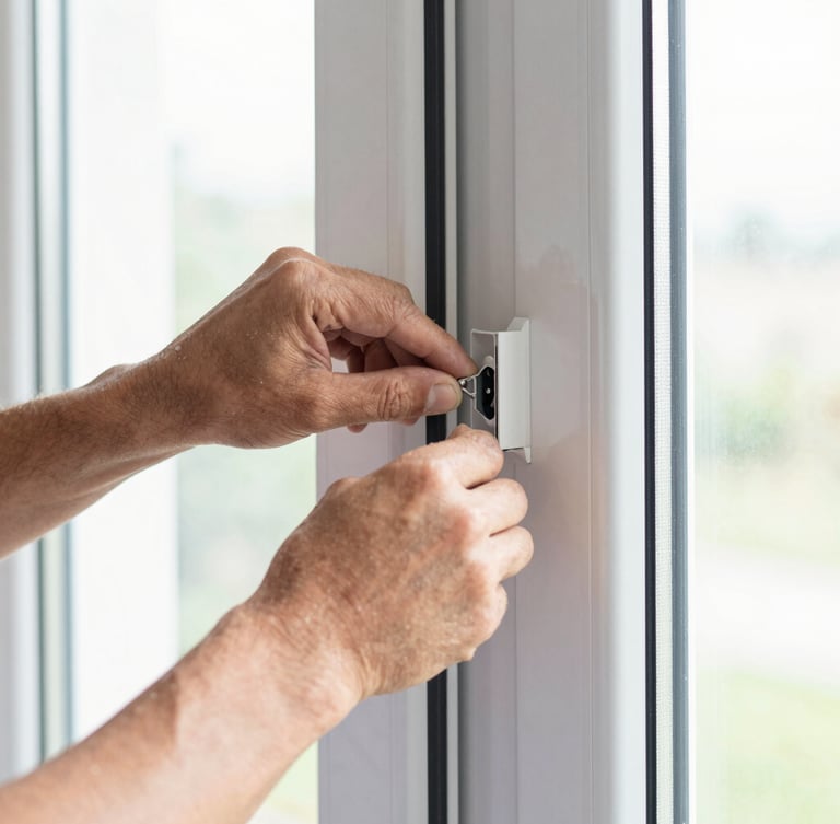 Close-up of a skilled technician's hands making a millimeter-precise adjustment to a UPVC window frame during installation, bright crisp daylight, architectural lens, clean white and charcoal tones.