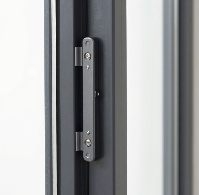 Close-up of a sleek, heavy-duty multi-point locking mechanism on a modern dark grey UPVC door frame, architectural photography, bright crisp daylight, sharp focus, clean white background.