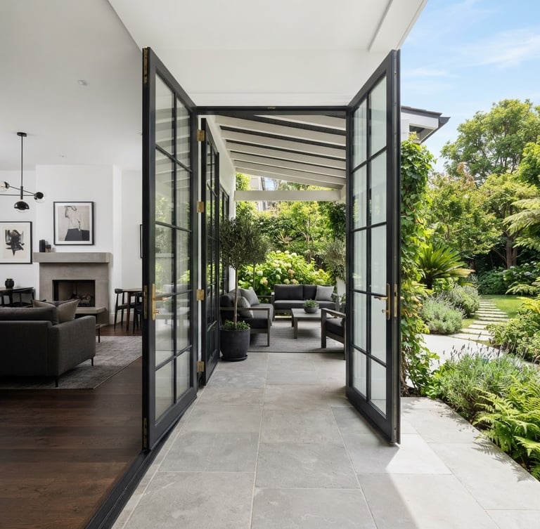 Wide shot of elegant French doors opening onto a luxury patio, seamless transition from indoor to outdoor, bright daylight, architectural lens, clean white and charcoal tones, lush green garden visible.