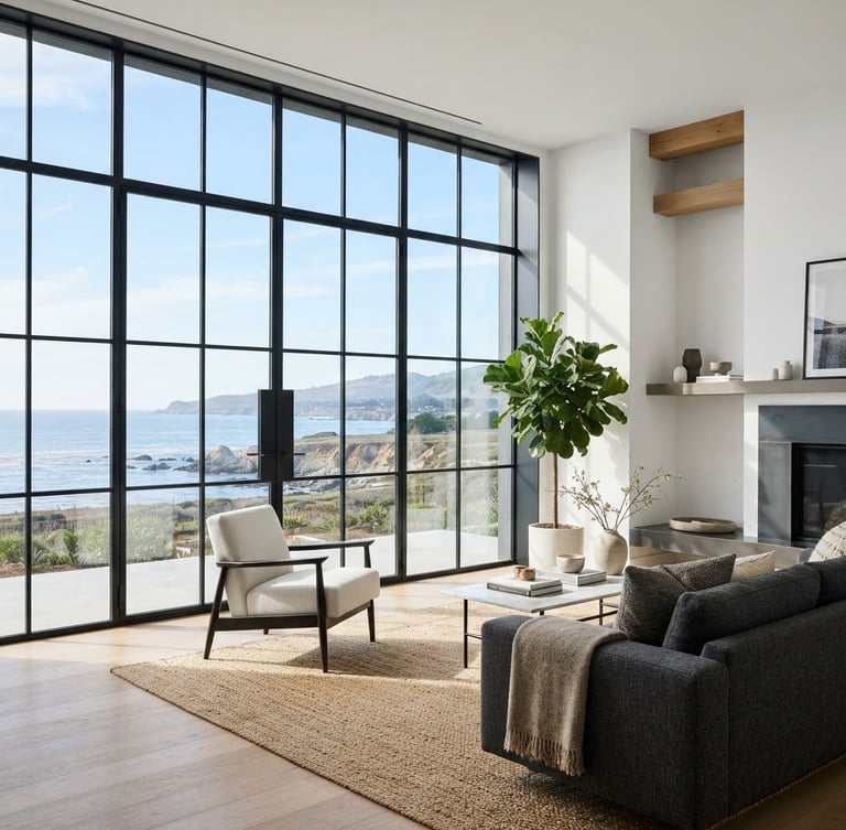 Elegant casement window in a modern living room, bright crisp daylight, clean white and charcoal tones, sharp focus, architectural lens, expansive glass facade, low horizon