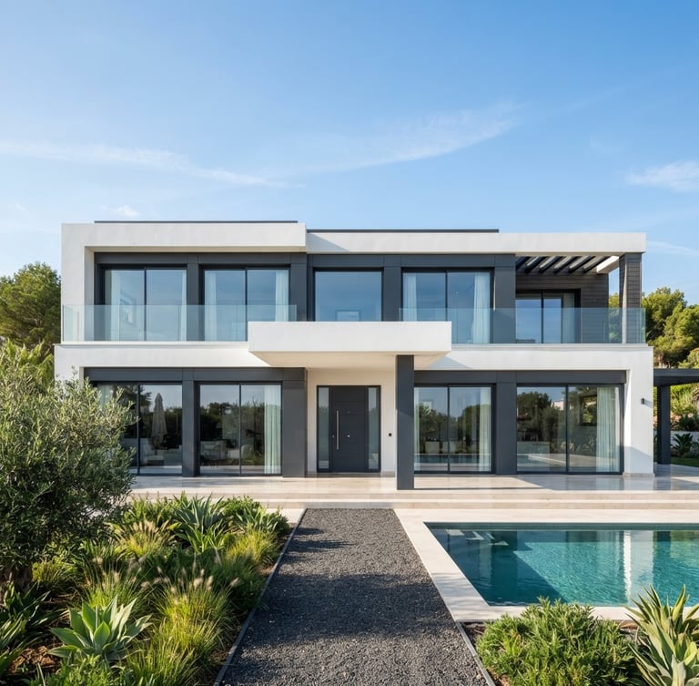 Wide shot of a modern luxury villa facade with expansive UPVC windows, bright crisp daylight, architectural lens, clean white and charcoal tones.
