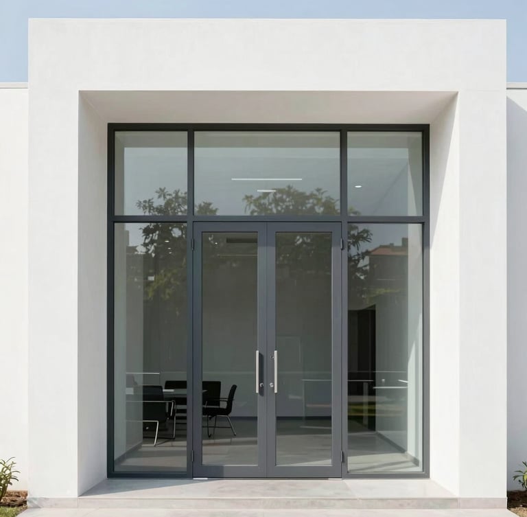 Bright architectural photography of a modern minimalist office entrance in Saharanpur, clean white concrete walls, large high-performance sliding glass doors with dark grey aluminium frames, crisp daylight.