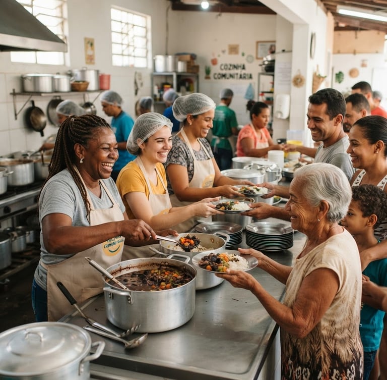 Candid documentary photo of a community kitchen in Brazil, warm natural morning light, volunteers serving fresh meals with genuine smiles, respectful eye-level framing, 35mm lens