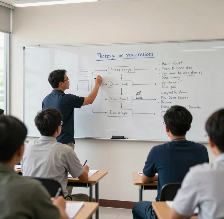 Wide shot of a modern Jakarta classroom, an instructor writing a complex strategic framework on a clean whiteboard, focused adult participants taking notes in the foreground, bright natural daylight.
