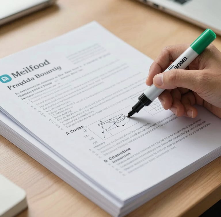 Close-up shot of physical certification study guides and practice exam papers stacked neatly on a wooden desk, a professional participant's hand highlighting a diagram with a green marker, bright natural daylight, clean academic setting.