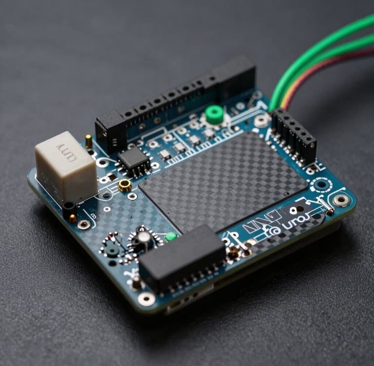 Macro close-up of an Arduino UNO board mounted on a rugged carbon-fiber chassis, green wiring harnesses visible, sharp technical studio lighting with neon green accents.
