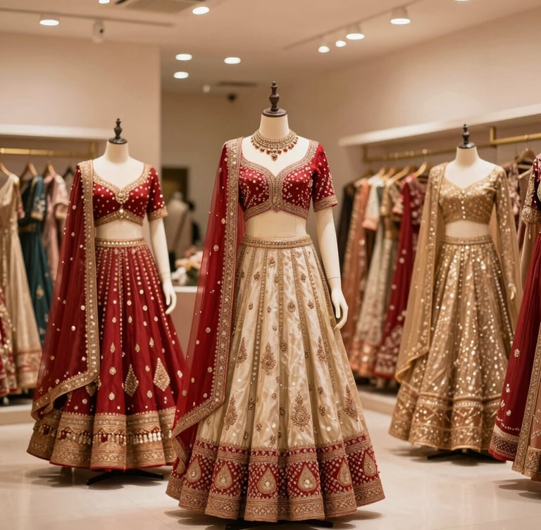 Elegantly styled mannequins showcasing premium crimson and gold bridal lehengas inside a warm, softly-lit Pune boutique showroom.