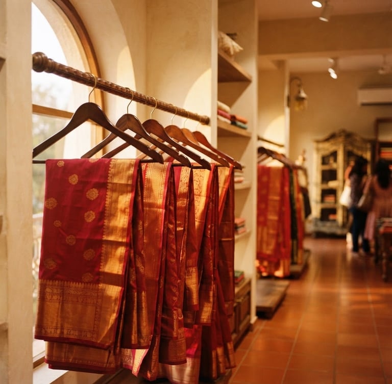 Warm environmental photograph of Vama Exclusive's spacious Lohegaon showroom interior, elegant wooden hangers displaying rich crimson and gold silk sarees, soft golden window light, shallow depth of field, 35mm