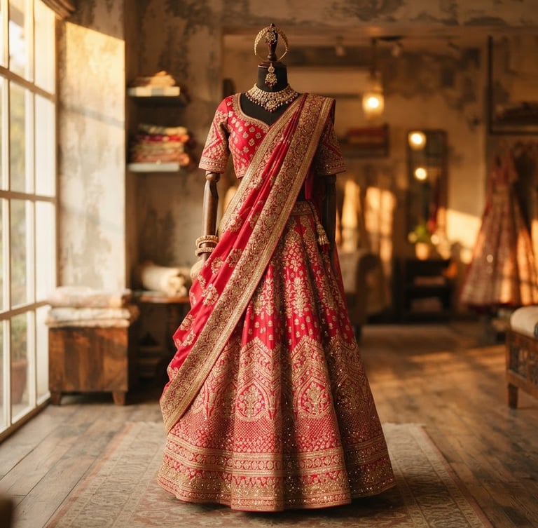 Warm editorial photography of a hand-woven crimson silk bridal lehenga with heavy gold zari borders, draped elegantly on a mannequin in a softly lit Lohegaon showroom, soft golden-hour light, shallow depth of field, 35mm