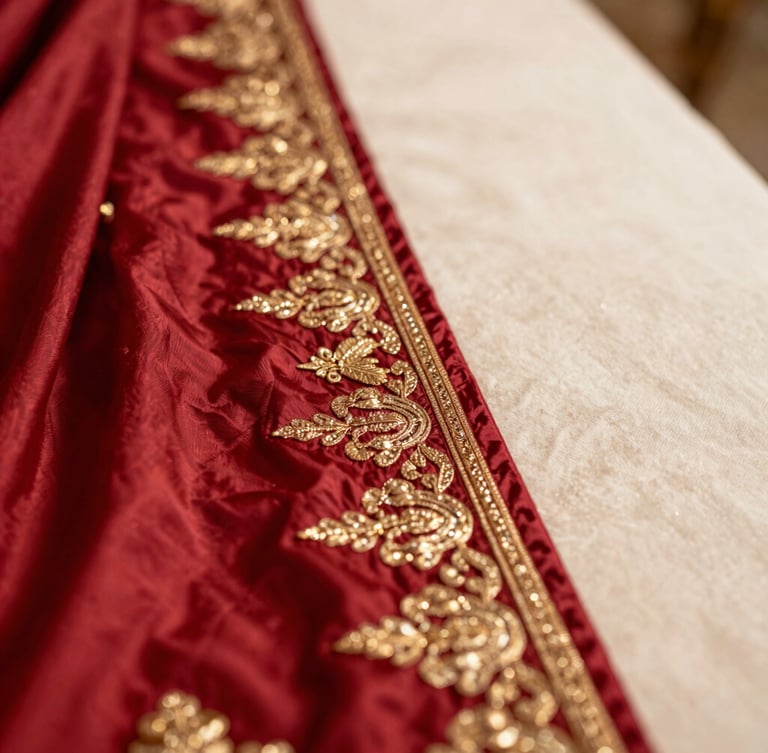 Close-up of rich crimson silk fabric with intricate gold embroidery and handcrafted zari details, elegant soft lighting, shallow depth of field, 35mm.