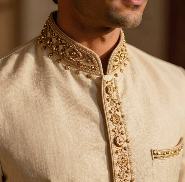 Close-up of a man's elegant hand-embroidered wedding sherwani collar, highlighting the intricate gold thread work on rich cream fabric.