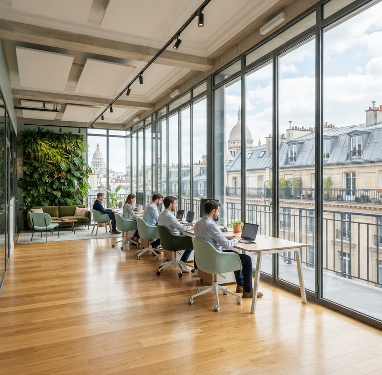 Crisp architectural photography of a bright modern Parisian office with clean glass windows, natural light streaming onto a polished floor, 35mm lens.