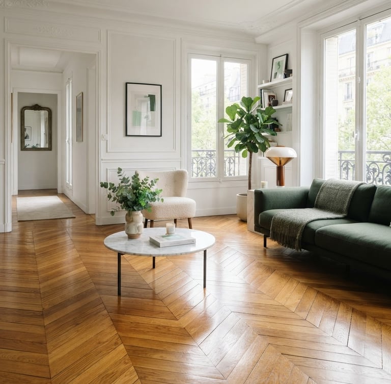 Bright, natural daylight illuminating an immaculate modern Parisian apartment, crisp focus on polished wooden floors and clean surfaces, pine green accents, 35mm lens.