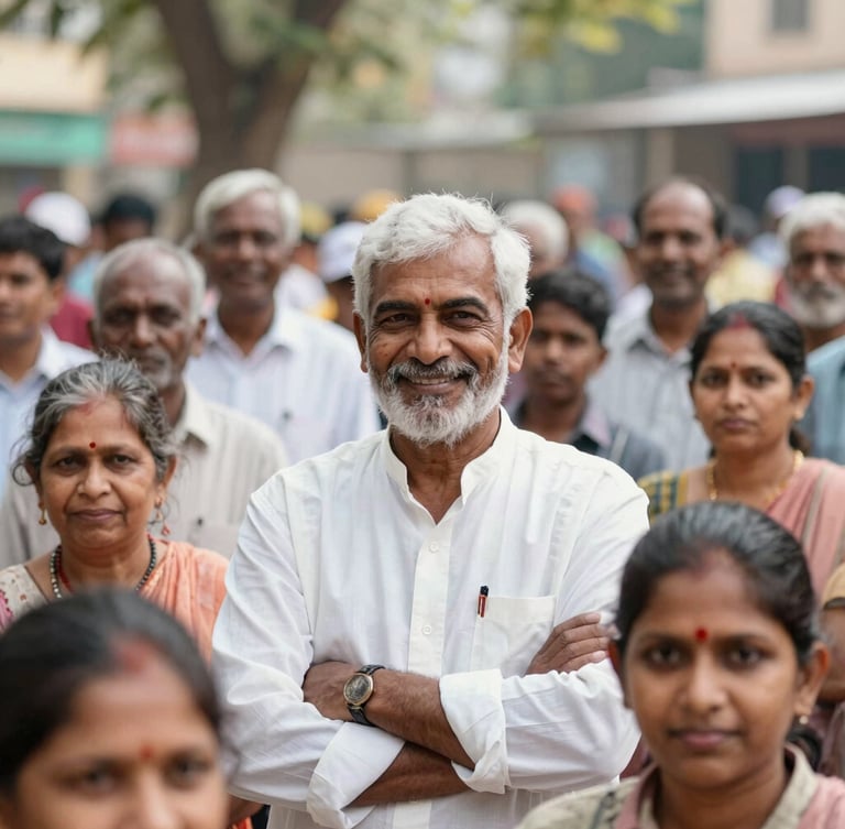 Dignified environmental portrait of a diverse community gathering in Pune, bright natural daylight, hopeful atmosphere, 35mm lens.