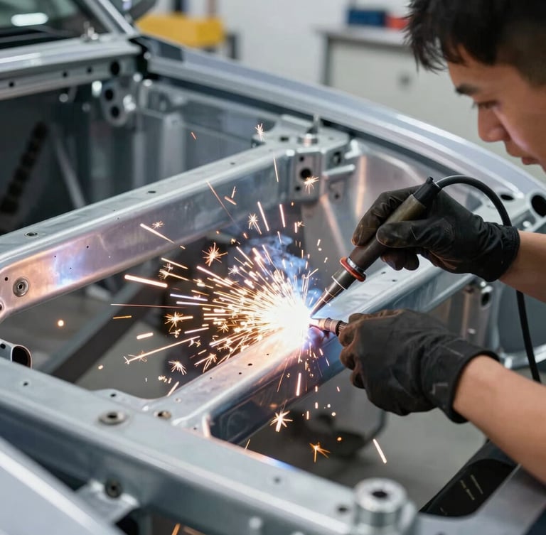 Close-up of precise welding sparks on a vehicle chassis frame, professional technician focused on technical details, bright clean workshop lighting, sharp reflections, high-contrast clean tones, 50mm lens