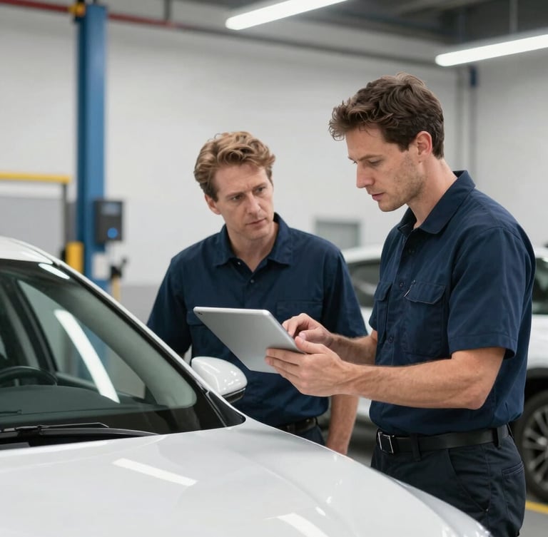 Professional technician in a clean, well-lit Ebenezer Collision Center bay, holding a tablet and clearly explaining repair options to a customer, both looking at a pristine vehicle, eye-level shot, crisp commercial photography.