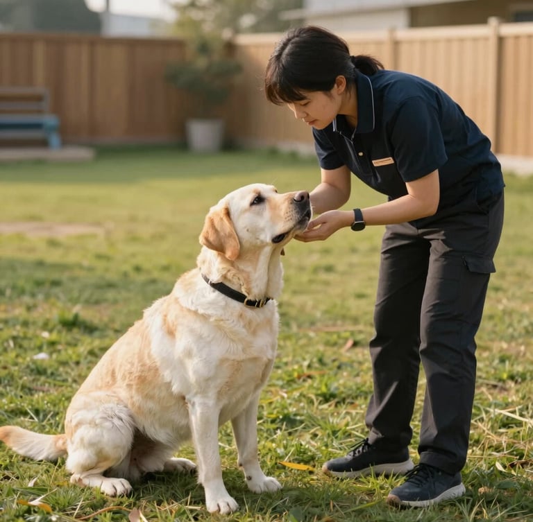 A calm, professional dog handler interacting gently at eye-level with a relaxed Labrador in a spacious, secure outdoor play yard with green grass and warm daylight