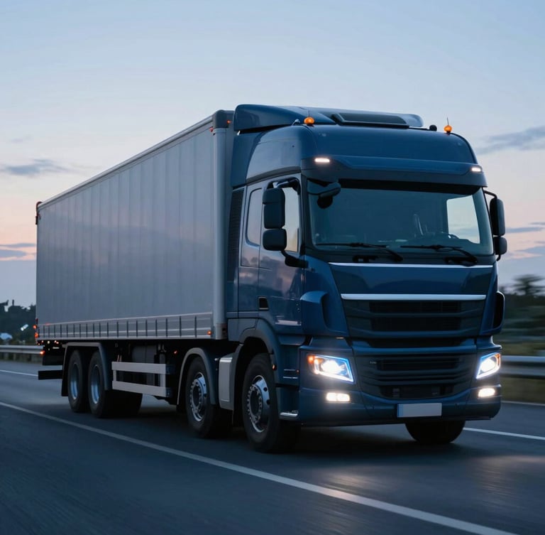 Modern freight truck moving rapidly down a highway at twilight, cool blue headlamps, sharp focus, professional corporate photography