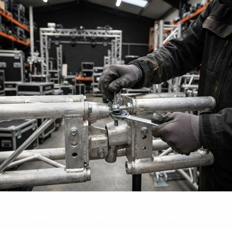 Straight-on technical shot of a heavy-duty aluminum stage truss being locked into place by hands wearing industrial work gloves, crisp warehouse lighting, high-contrast details
