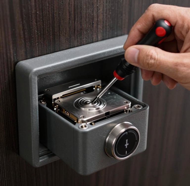 Close-up macro of a technician's hand using a precision screwdriver on the metallic internal mechanism of a high-security digital safe, soft directional lighting.
