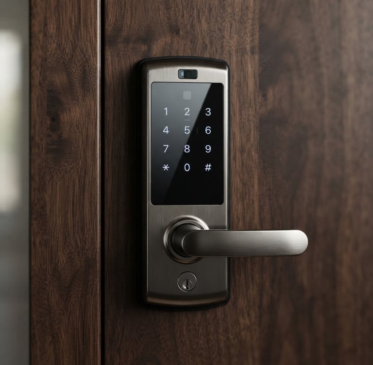 sharp product photography, modern digital lock on dark wood door, soft directional lighting, metallic textures, depth of field, 50mm
