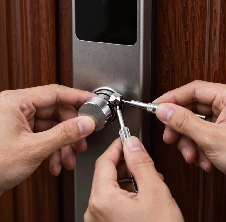 macro photo of technician hands calibrating a high-tech biometric lock with precise tools, soft directional lighting, metallic details
