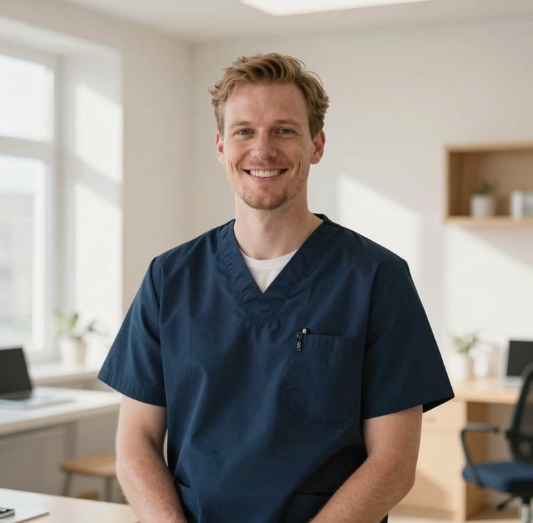 Warm environmental portrait of a smiling Scandinavian clinician in a bright clinic room with light wood accents, soft natural daylight, shallow depth of field, 35mm