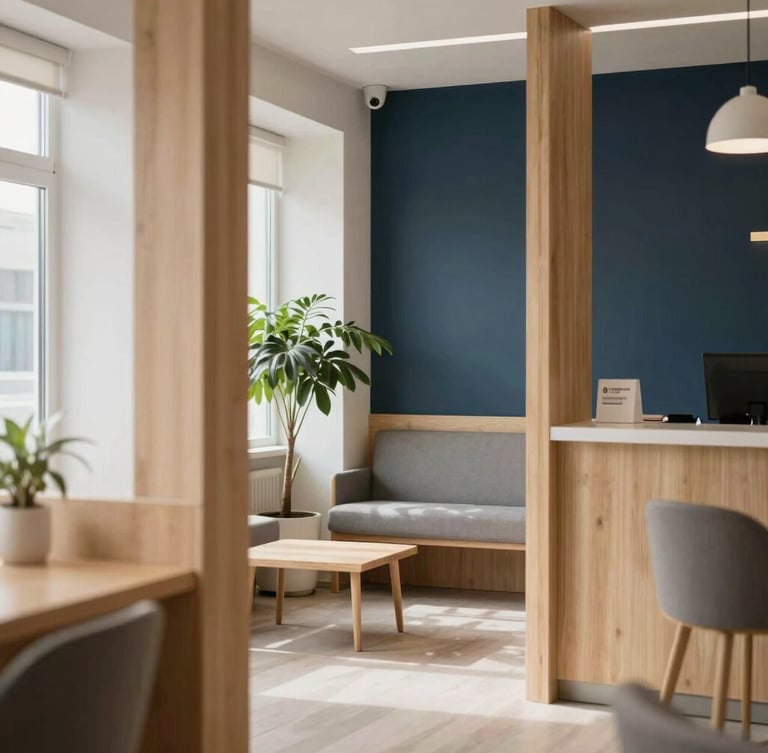 A warm Scandinavian clinic interior with light wood accents, soft northern daylight, clean minimalist decor, a comfortable waiting area with a green plant, 35mm photography