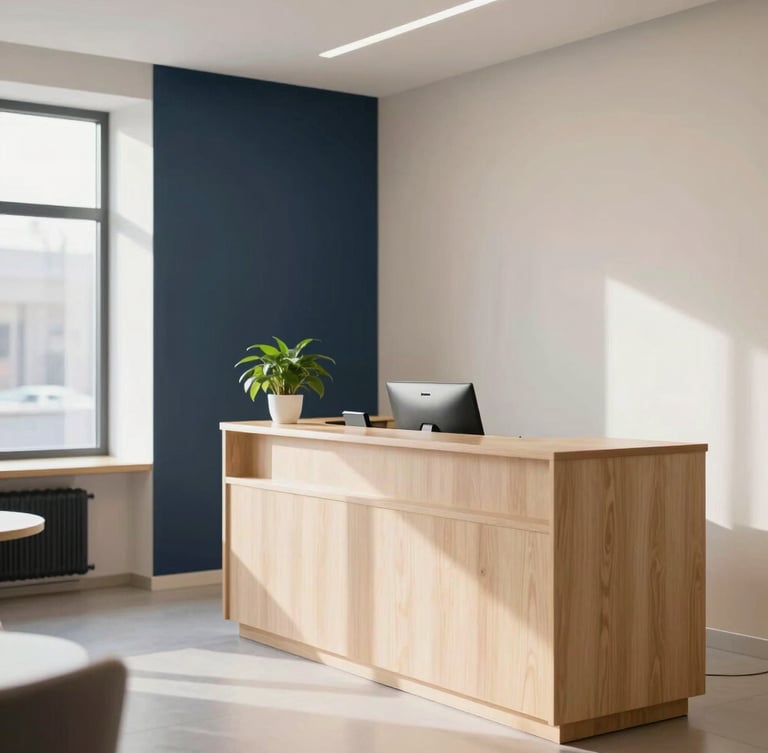 Bright Scandinavian clinic interior with light wood accents, soft northern daylight, minimalist reception desk with a small green plant, warm welcoming atmosphere, 35mm
