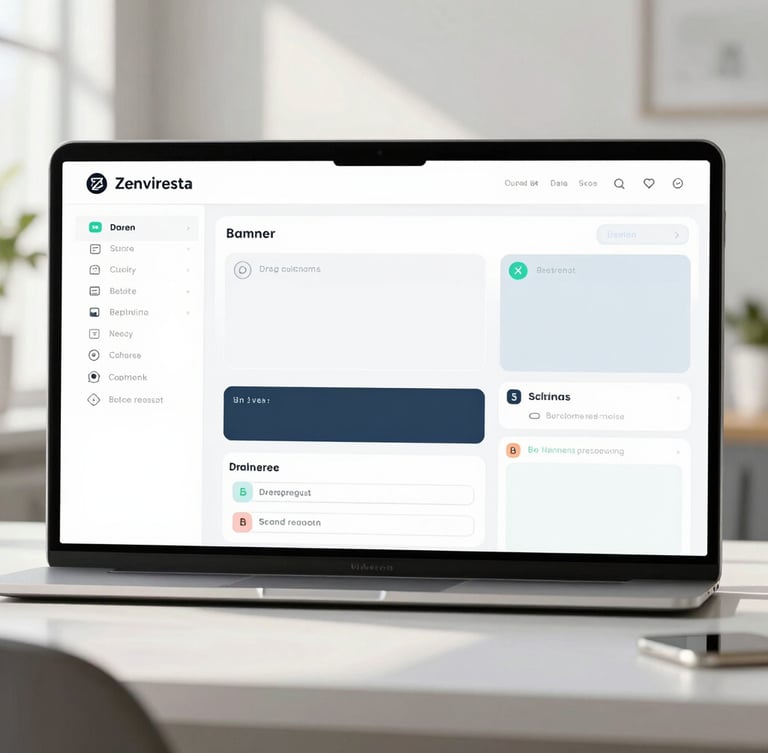 High-fidelity UI mockup of Zenviresta's drag-and-drop course builder dashboard, showing a clean layout with content blocks, bright natural daylight, soft shadows, minimalist modern workspace, crisp details, professional tech aesthetic, 50mm lens, straight-on view.