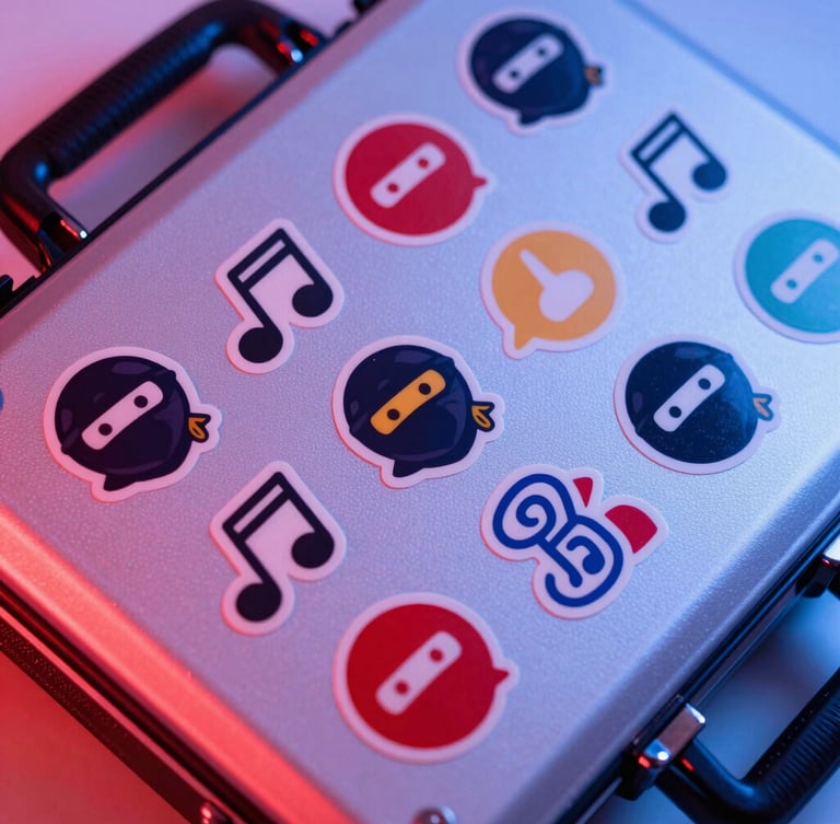 Dynamic close-up flat-lay of colorful physical reward stickers with ninja music icons on a glossy instrument case, bright studio lighting with red and blue ambient fills, 35mm