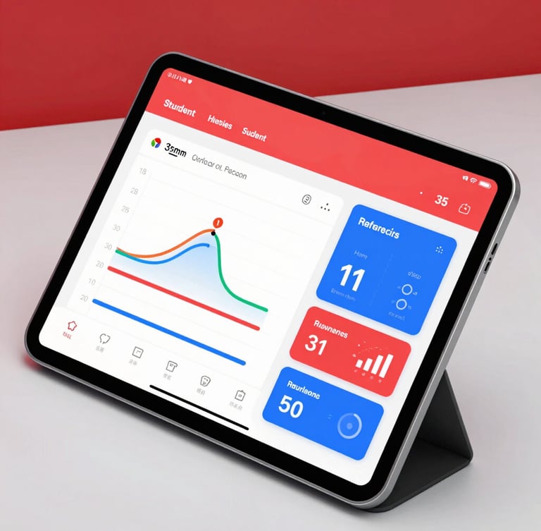 High-contrast dashboard mockup on a tablet screen, displaying real-time student metrics, colorful practice streak charts, and rhythm mastery scores in bold red and blue interface elements, clean studio focus, 35mm.