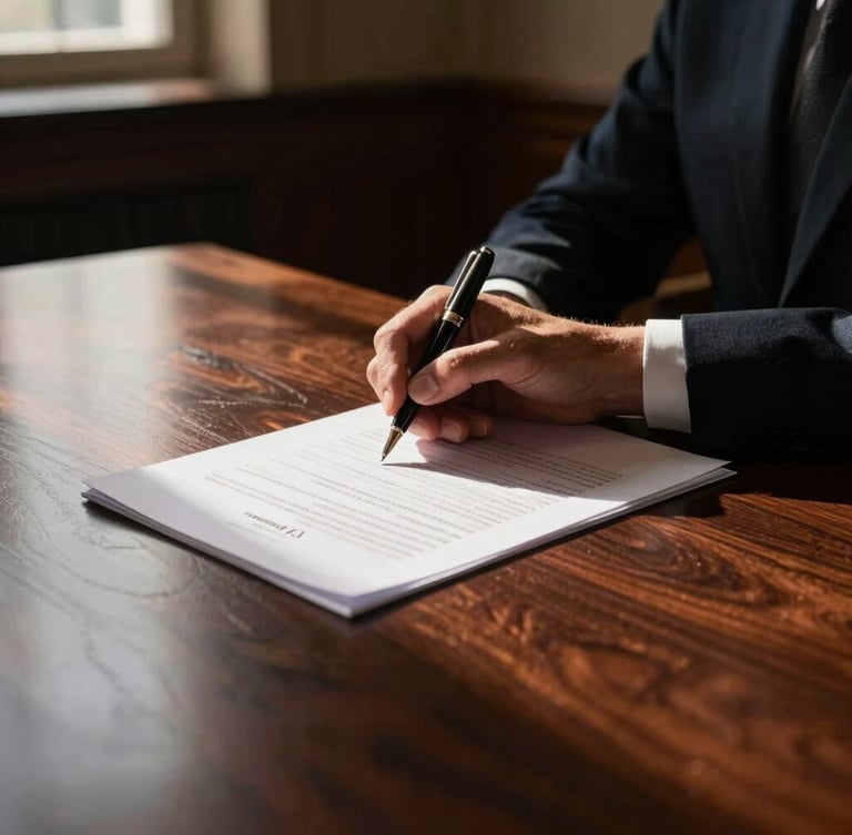Close-up of a hand in a dark suit reviewing legal documents with a premium pen on a polished dark wood table, dramatic high-contrast lighting, 35mm.