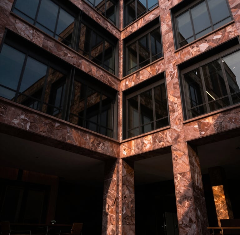 Low-angle architectural photograph of an elegant modern stone and glass office building in Tulancingo, dramatic high-contrast lighting, deep shadows, rich copper tones, 35mm