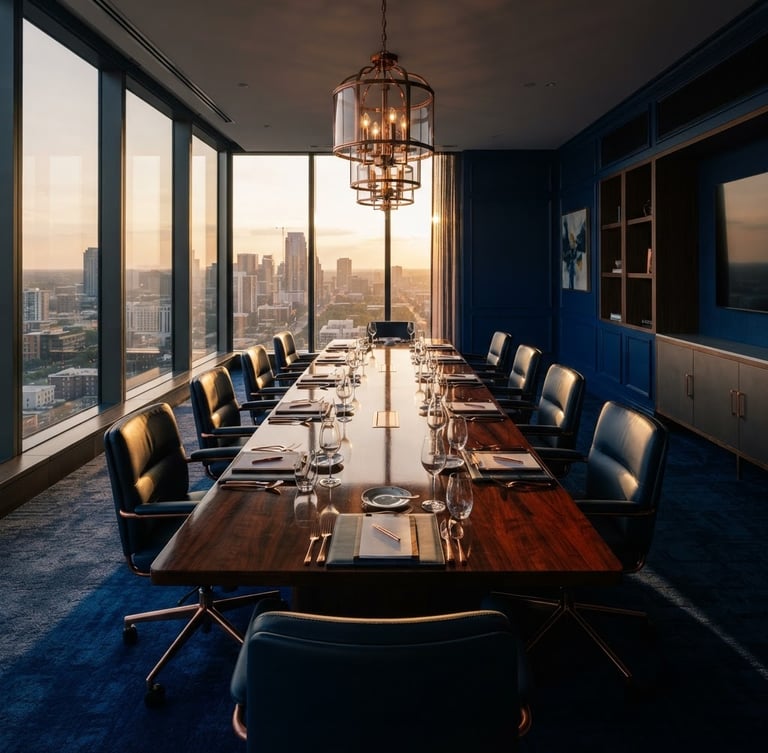 Wide environmental shot of an empty high-end boardroom in deep royal blue tones, dramatic window lighting casting long shadows on a polished mahogany table, 35mm.