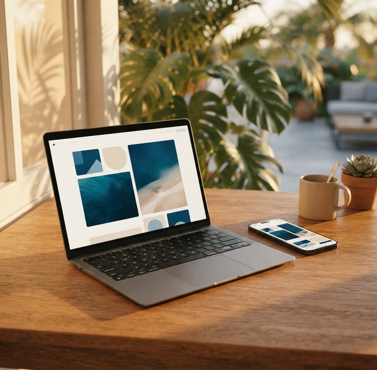A sleek modern laptop and smartphone mockup displaying a clean, minimalist website layout, resting on a warm wooden desk with soft golden-hour shadows and a hint of tropical foliage in the background.