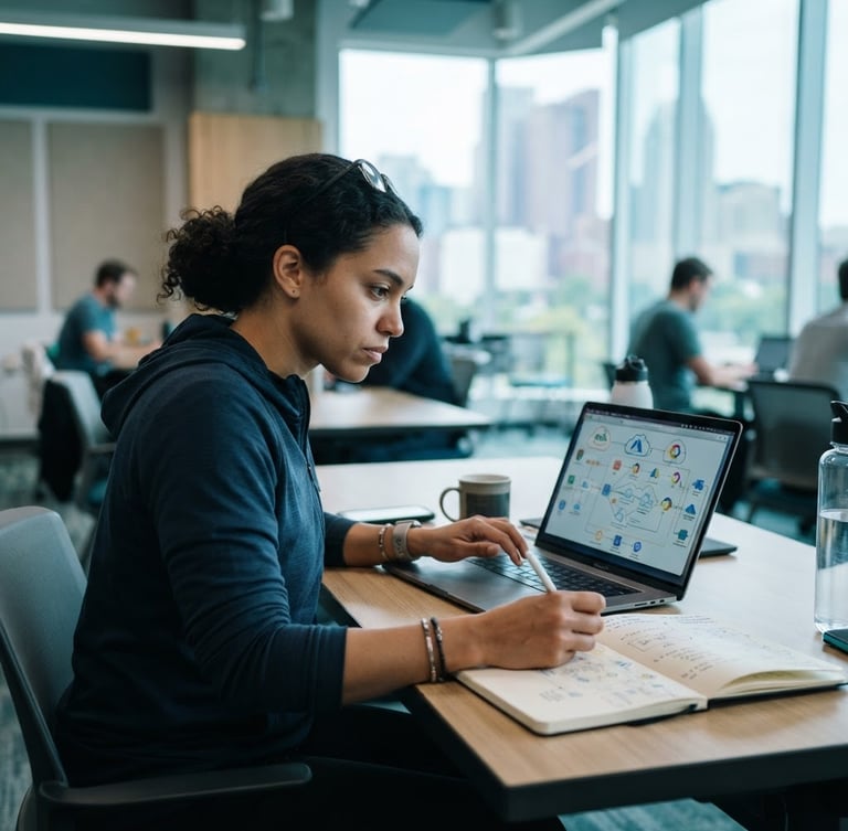 A focused American tech professional working on cloud architecture diagrams in a bright, modern Columbus Ohio classroom, natural daylight, cool tones, shallow depth of field