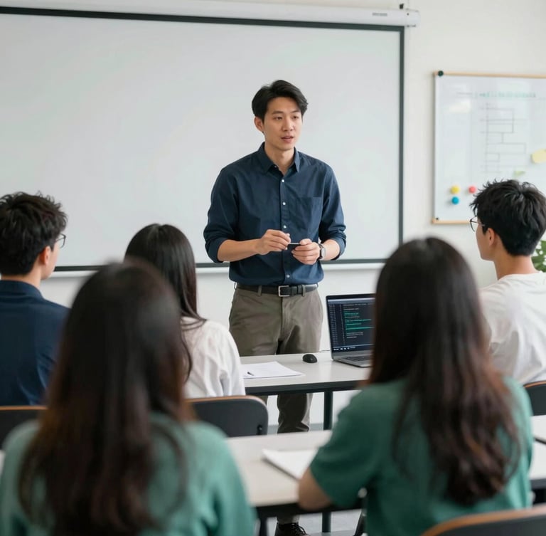 A focused male tech instructor explaining a coding concept to a diverse group of students in a bright Ohio classroom, natural daylight