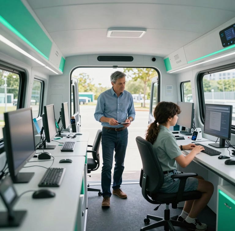 A wide shot of a modern mobile technology lab interior inside a converted vehicle, high-tech workstations, an American educator guiding a student, cool natural light, bright emerald accents