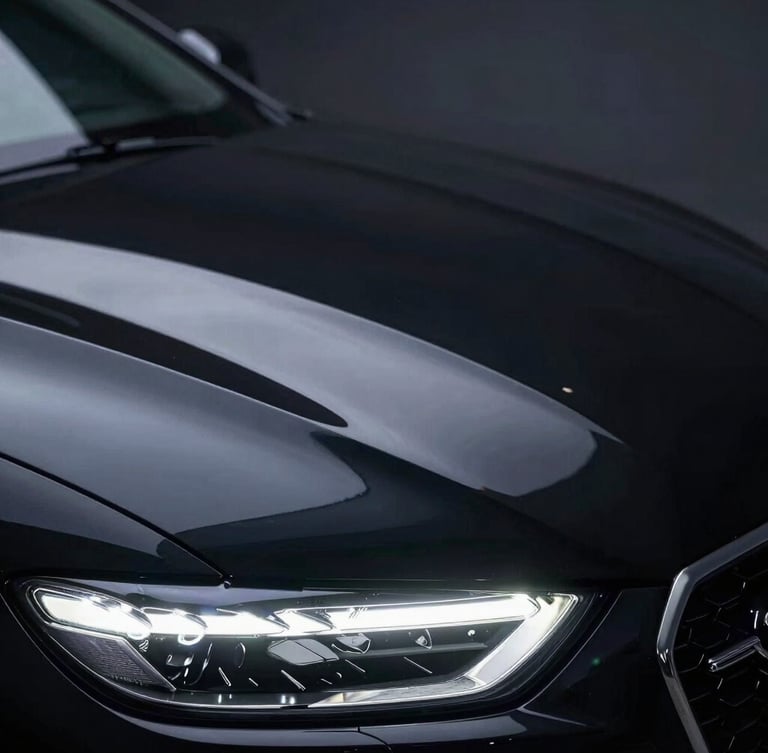 Extreme close-up of a luxury car's hood under harsh LED inspection lights, showcasing a razor-sharp, swirl-free mirror reflection on deep black paint, macro detail.