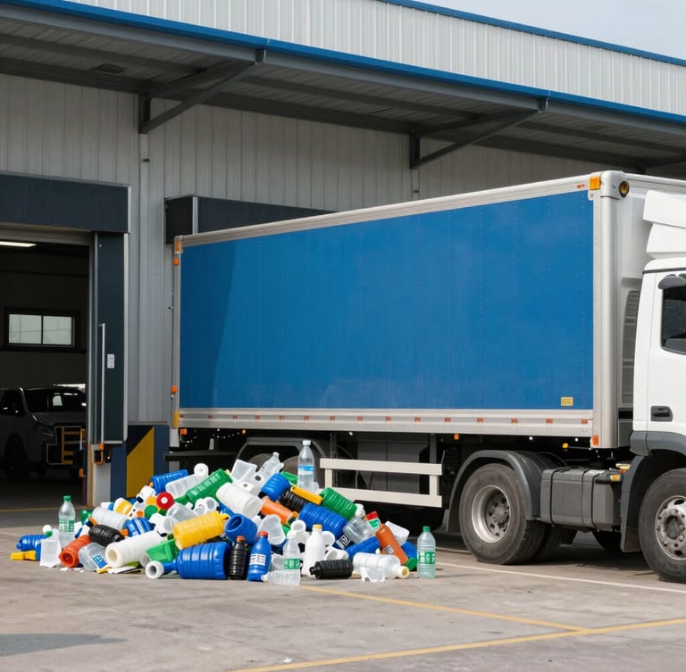 Wide environmental shot of a modern transport truck loading sorted plastic materials at a clean industrial loading dock, bright daylight, realistic corporate tones, 35mm