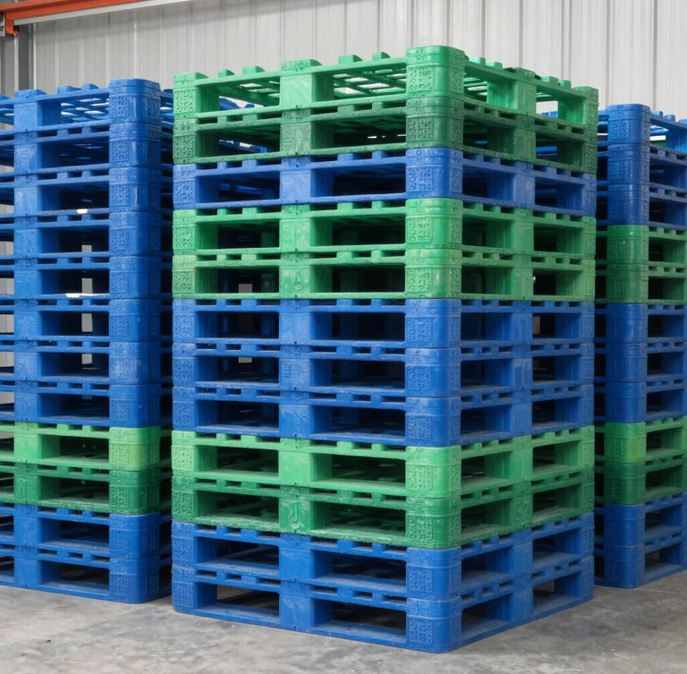 Crisp industrial photography of organized stacks of sorted blue and green plastic pallets in a bright modern warehouse setting, daylight, sharp focus