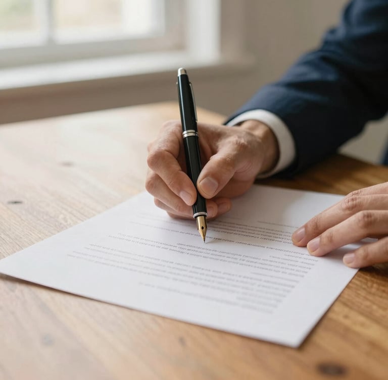 Close-up of hands signing a high-quality paper document on a warm wooden table, soft natural window light, elegant fountain pen, shallow depth of field, 35mm photography.
