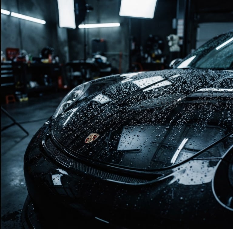 Sleek automotive photography, high-contrast studio lighting, deep metallic reflections on a black sports car hood with perfect water beading, cool workshop environment, 35mm